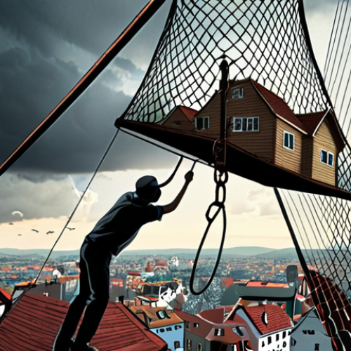 Home 14 **Image Prompt:** A stylized graphic illustration depicting a safety net (like a fishing net or a trapeze net) labeled "Protektor Lebensversicherungs-AG" catching a falling house representing someone's life savings/retirement fund. The background shows a cityscape silhouette with a stormy sky, implying financial uncertainty.