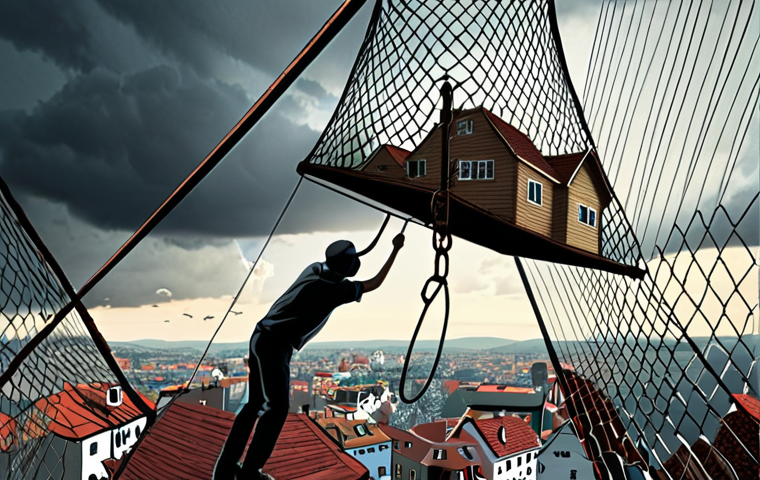 **Image Prompt:** A stylized graphic illustration depicting a safety net (like a fishing net or a trapeze net) labeled "Protektor Lebensversicherungs-AG" catching a falling house representing someone's life savings/retirement fund. The background shows a cityscape silhouette with a stormy sky, implying financial uncertainty.
