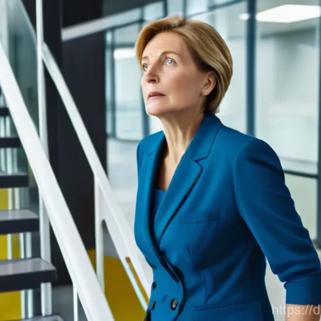 산재보험과 상해보험 차이 - **Prompt**: "A middle-aged German woman, dressed in smart-casual business attire, is caught mid-stum...