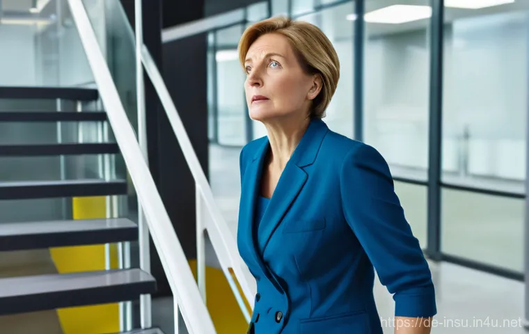 산재보험과 상해보험 차이 - **Prompt**: "A middle-aged German woman, dressed in smart-casual business attire, is caught mid-stum...