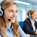 Home 21 보험사 클레임 서비스 리뷰 - A modern customer service call center in Germany, showing friendly, professional agents wearing head...