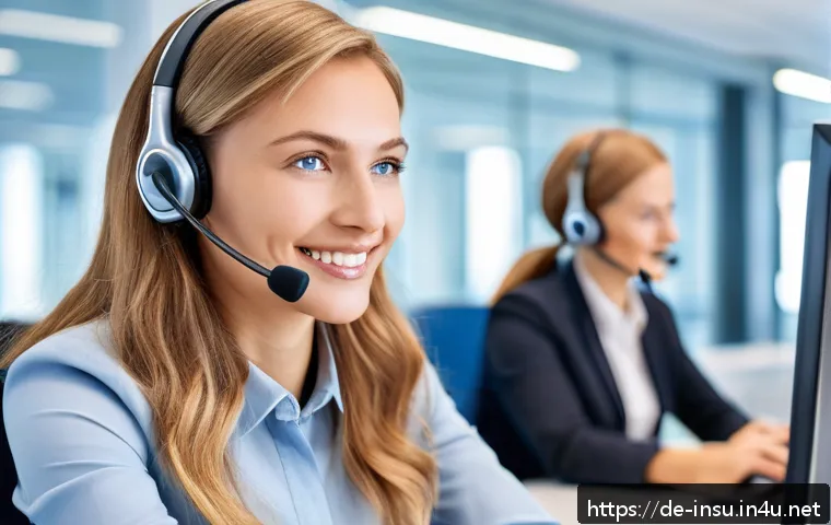 보험사 클레임 서비스 리뷰 - A modern customer service call center in Germany, showing friendly, professional agents wearing head...