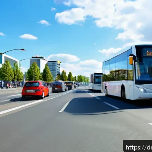 Home 32 자동차 자차보험의 중요성 - A busy urban street scene in a modern German city during daytime, featuring a variety of vehicles in...