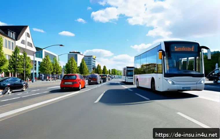 자동차 자차보험의 중요성 - A busy urban street scene in a modern German city during daytime, featuring a variety of vehicles in...