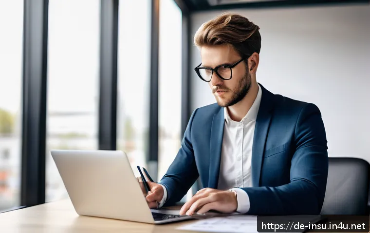 보험 가입 나이에 따른 혜택 - A professional young adult male in his mid-20s sitting confidently at a modern office desk, reviewin...